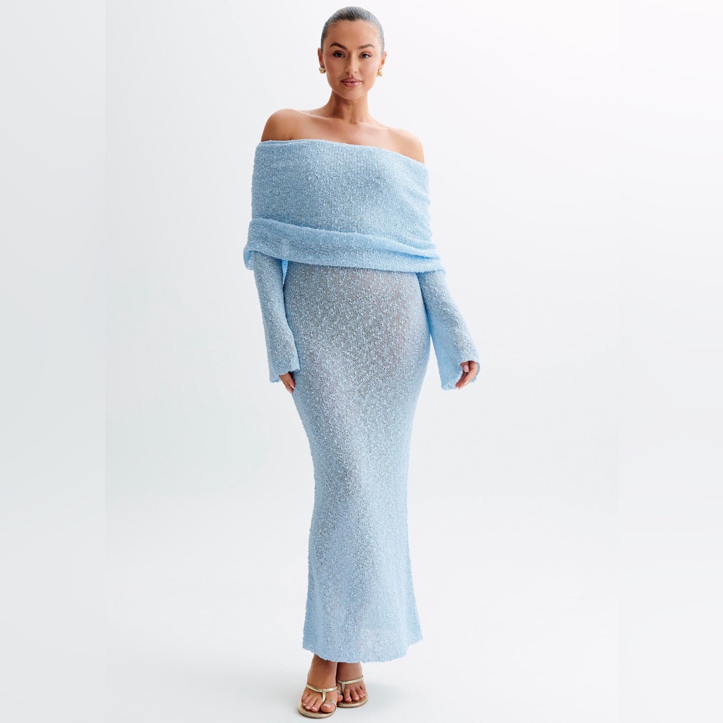 Meshki Light Blue Off-Shoulder Knit Maxi Dress